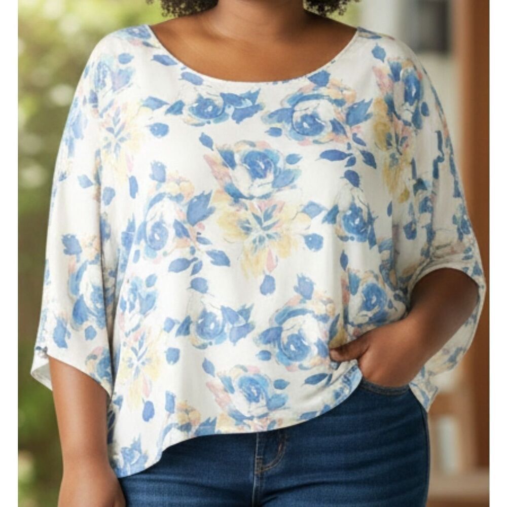 Adrienne Floral Poncho Women Size M Blue Ivory Blouse High Low Semi Sheer Lined